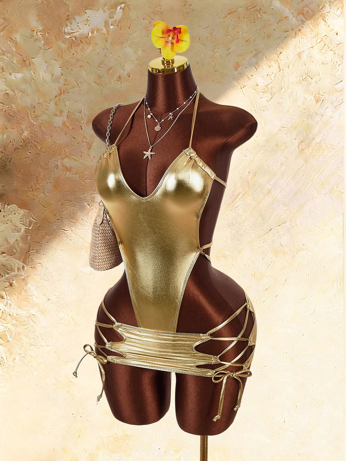 Amplova Women's Knitted One-Piece Swimsuit Set, Sexy Sparkly Backless Vacation Style, Criss-Cross Drawstring Hem Mini Skirt Bathing Suits Beach Gold Summer
