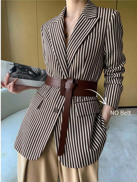 Anewsta Vintage Striped Print Lapel Long Sleeve Women's Blazer Jacket, Urban Chic