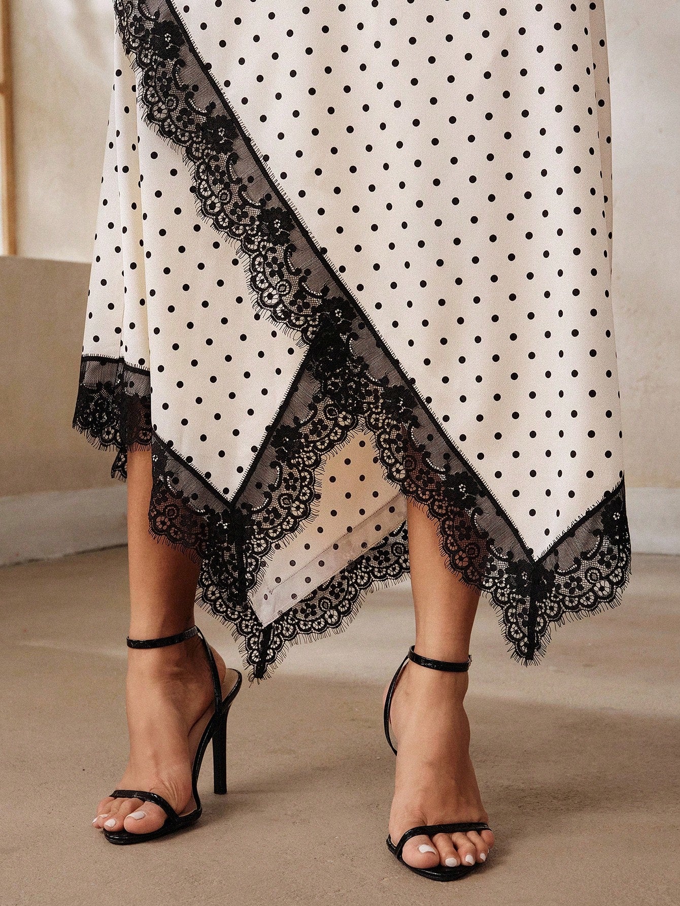 Anewsta Women's Mid-Length Summer Elegant Black Polka Dot Dress With Lace Trim Patchwork New Style