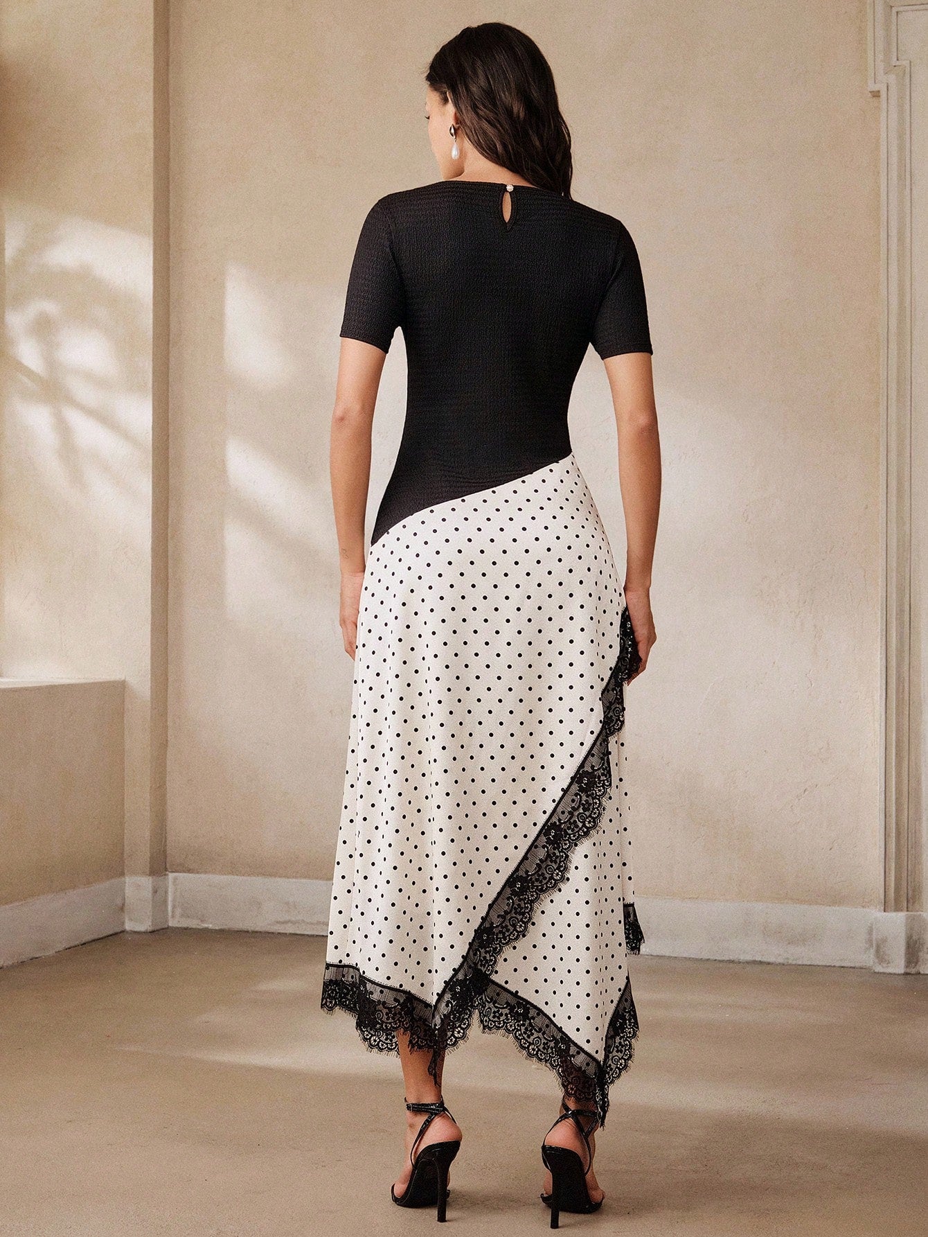 Anewsta Women's Mid-Length Summer Elegant Black Polka Dot Dress With Lace Trim Patchwork New Style