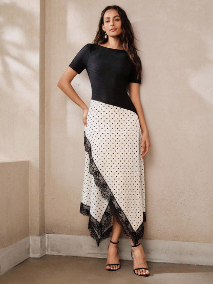 Anewsta Women's Mid-Length Summer Elegant Black Polka Dot Dress With Lace Trim Patchwork New Style