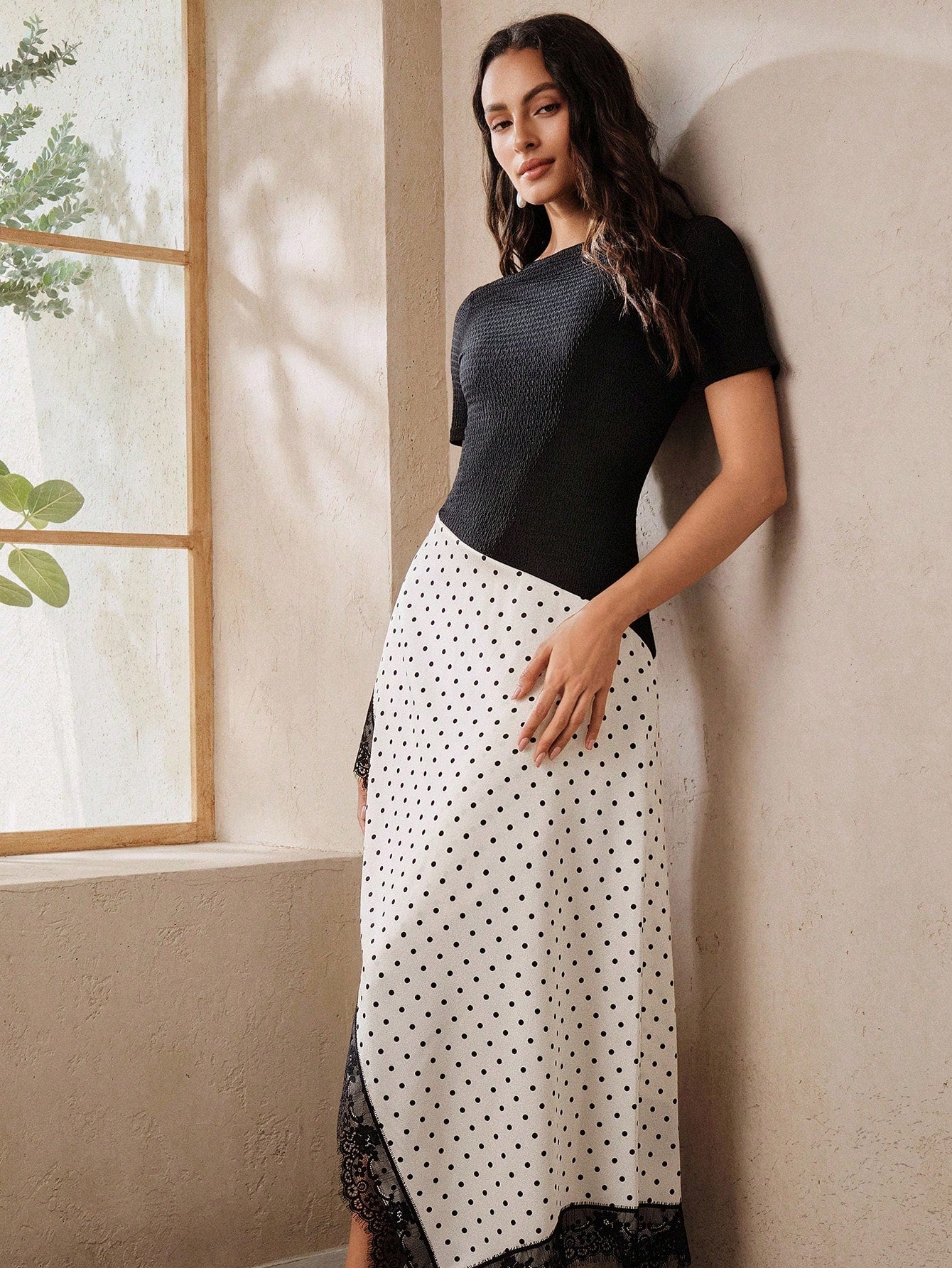 Anewsta Women's Mid-Length Summer Elegant Black Polka Dot Dress With Lace Trim Patchwork New Style