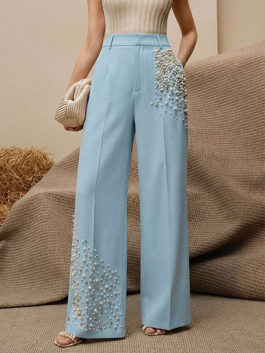 Anewsta Women's Modern Fashion Faux Pearl Embellished Suit Pants For Commuting
