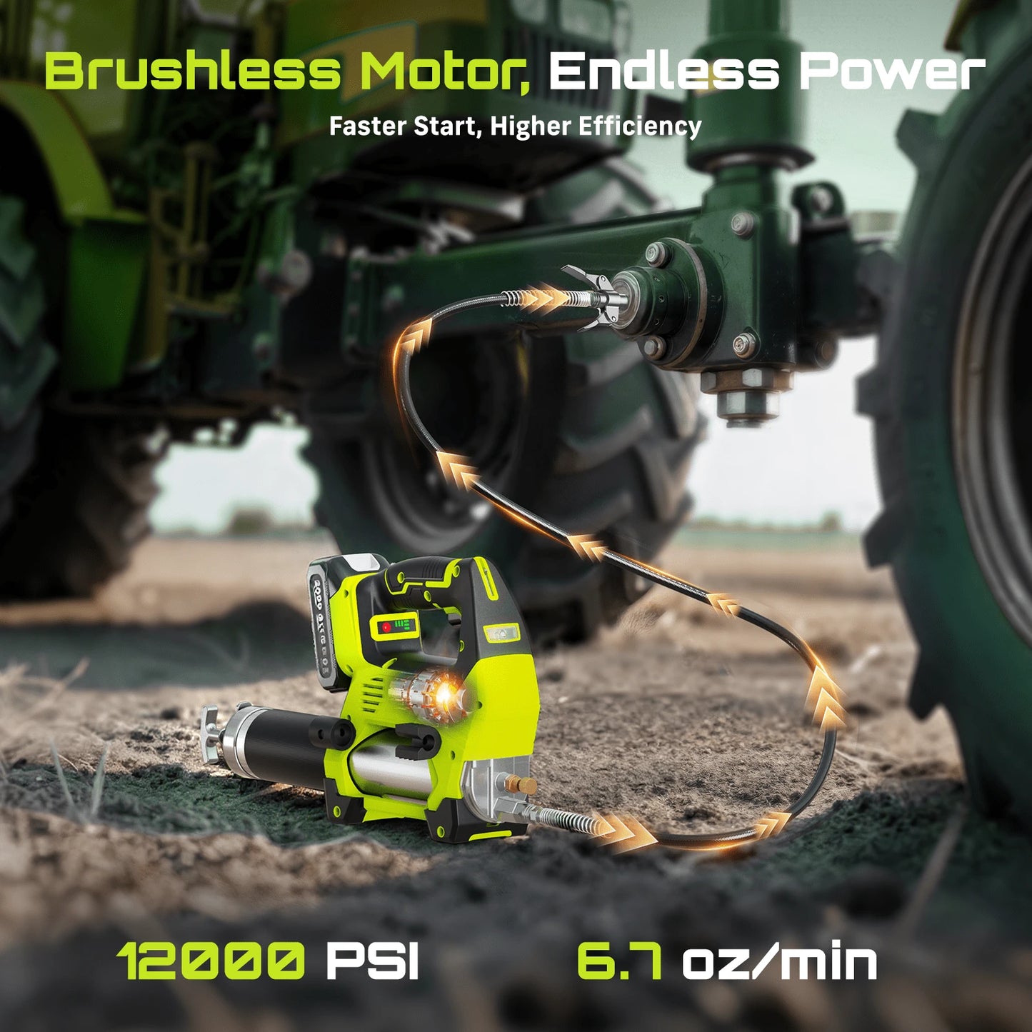 AskStar 12000PSI Cordless Electric Grease Gun- Brushless Motor, 3-Speed Control, 2 Batteries Included, 39.4'' Long Hose, 90° Coupler & LED Light For Car And Heavy-Duty Equipment, Machinery Lubricatio