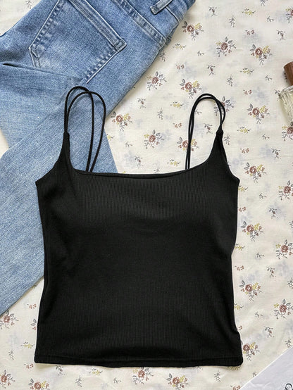 Attitoon Plus Size Women's Casual Black Ribbed Crop Tank Top With Square Neck And Sleeveless Design