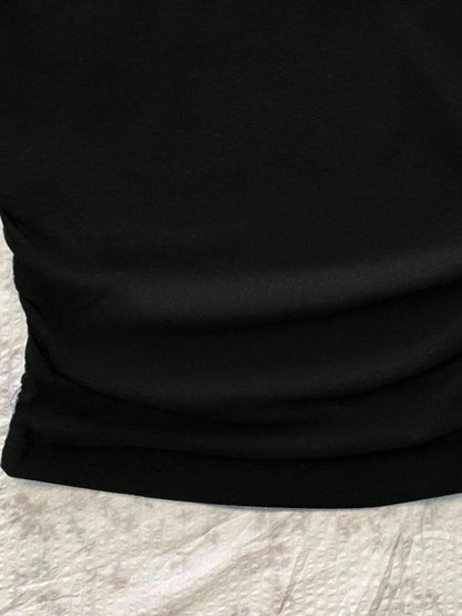 Attitoon Plus Size Women's Off-Shoulder Ruched Tight Short Sleeve T-Shirt, Black & White Finger Ring English Print, Summer, Casual, Business, Everyday Y2K