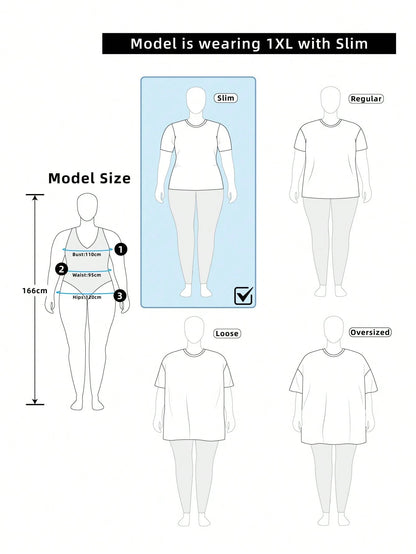 Attitoon Plus Size Women's Off-Shoulder Ruched Tight Short Sleeve T-Shirt, Black & White Finger Ring English Print, Summer, Casual, Business, Everyday Y2K