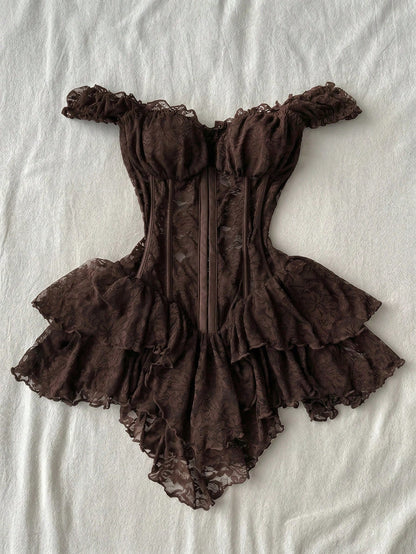 Attitoon Women's Casual Retro Corset Lace Bodycon Asymmetrical Hem Mini Dress, Suitable For Y2K,Dresses For Women Summer