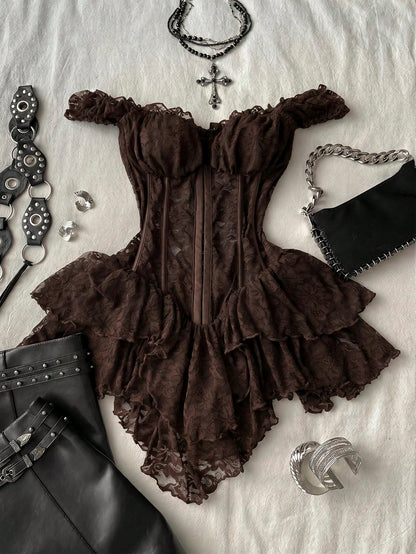 Attitoon Women's Casual Retro Corset Lace Bodycon Asymmetrical Hem Mini Dress, Suitable For Y2K,Dresses For Women Summer