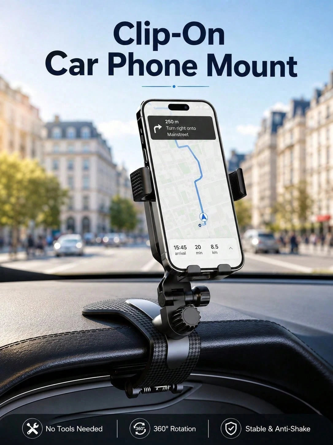 Auto Accessories Car Phone Holder, Universal Clip-On Dashboard Mount With Multi-Angle Adjustment, Anti-Shake GPS Navigation Stand For All Smartphones