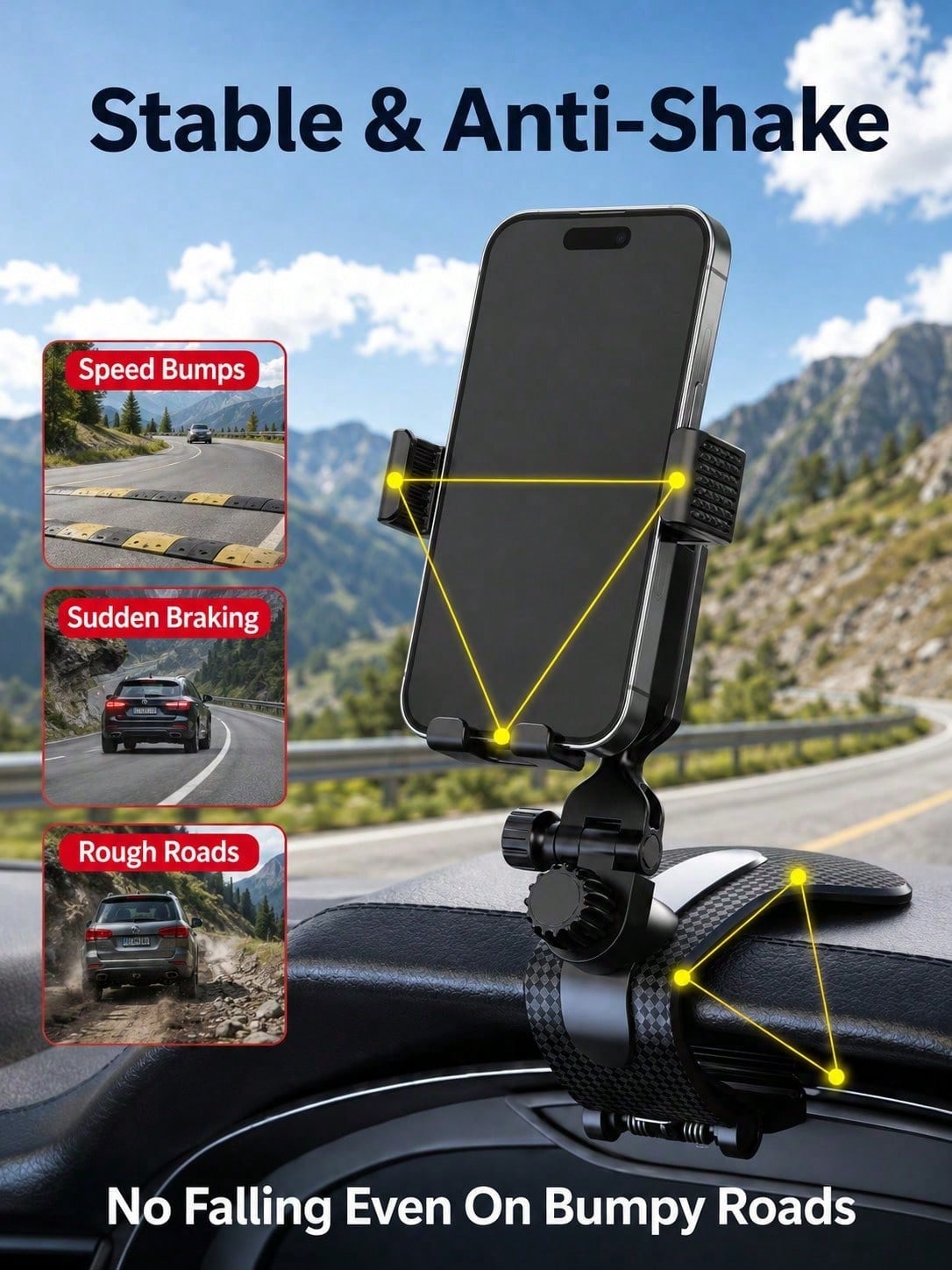 Auto Accessories Car Phone Holder, Universal Clip-On Dashboard Mount With Multi-Angle Adjustment, Anti-Shake GPS Navigation Stand For All Smartphones