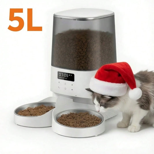 Automatic Cat & Dogs Feeder, 5L/21Cups Timed Pet Food Dispenser With Double Bowls, 48 Portions, 6 Meals Per Day, Memory Function, 10s Meal Call For Cats & Small Dogs
