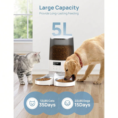 Automatic Cat & Dogs Feeder, 5L/21Cups Timed Pet Food Dispenser With Double Bowls, 48 Portions, 6 Meals Per Day, Memory Function, 10s Meal Call For Cats & Small Dogs