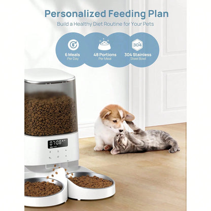 Automatic Cat & Dogs Feeder, 5L/21Cups Timed Pet Food Dispenser With Double Bowls, 48 Portions, 6 Meals Per Day, Memory Function, 10s Meal Call For Cats & Small Dogs