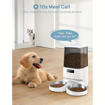 Automatic Cat & Dogs Feeder, 5L/21Cups Timed Pet Food Dispenser With Double Bowls, 48 Portions, 6 Meals Per Day, Memory Function, 10s Meal Call For Cats & Small Dogs