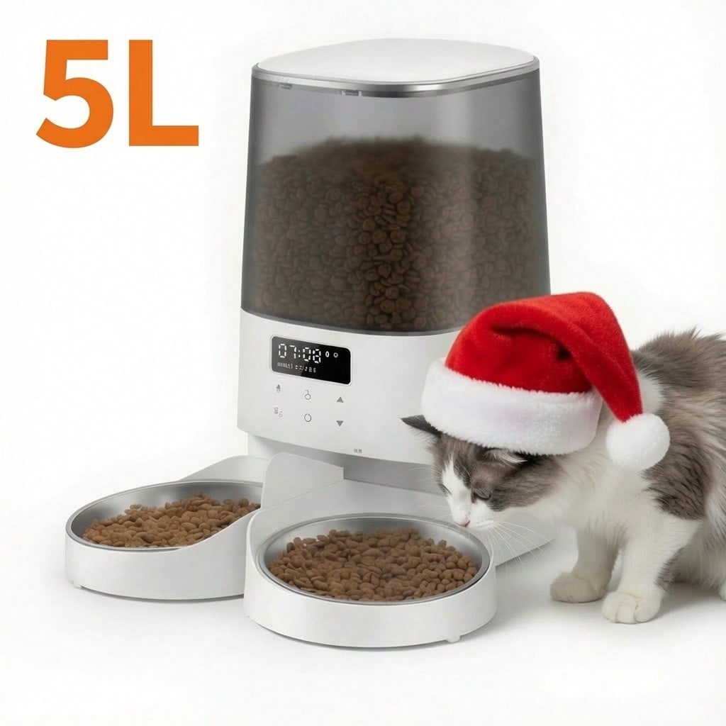 Automatic Cat & Dogs Feeder, 5L/21Cups Timed Pet Food Dispenser With Double Bowls, 48 Portions, 6 Meals Per Day, Memory Function, 10s Meal Call For Cats & Small Dogs