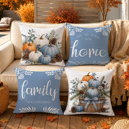 Autumn Watercolor Blue Pumpkin & Pine Cone Cushion Cover 4-Piece Set, Single-Sided Printed Peach Skin Velvet Polyester Material, 45*45CM Throw Pillow Covers For Modern Fabric Sofa Indoor Decor, Party