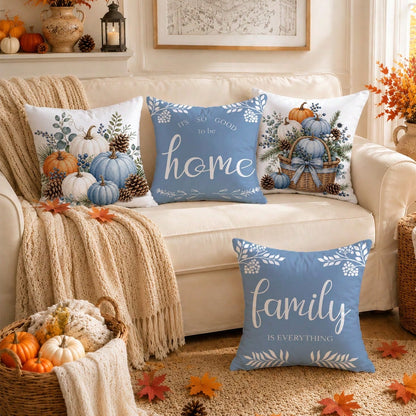 Autumn Watercolor Blue Pumpkin & Pine Cone Cushion Cover 4-Piece Set, Single-Sided Printed Peach Skin Velvet Polyester Material, 45*45CM Throw Pillow Covers For Modern Fabric Sofa Indoor Decor, Party
