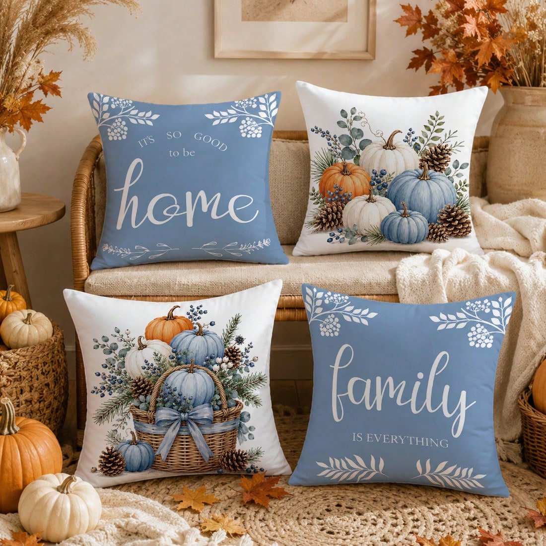 Autumn Watercolor Blue Pumpkin & Pine Cone Cushion Cover 4-Piece Set, Single-Sided Printed Peach Skin Velvet Polyester Material, 45*45CM Throw Pillow Covers For Modern Fabric Sofa Indoor Decor, Party