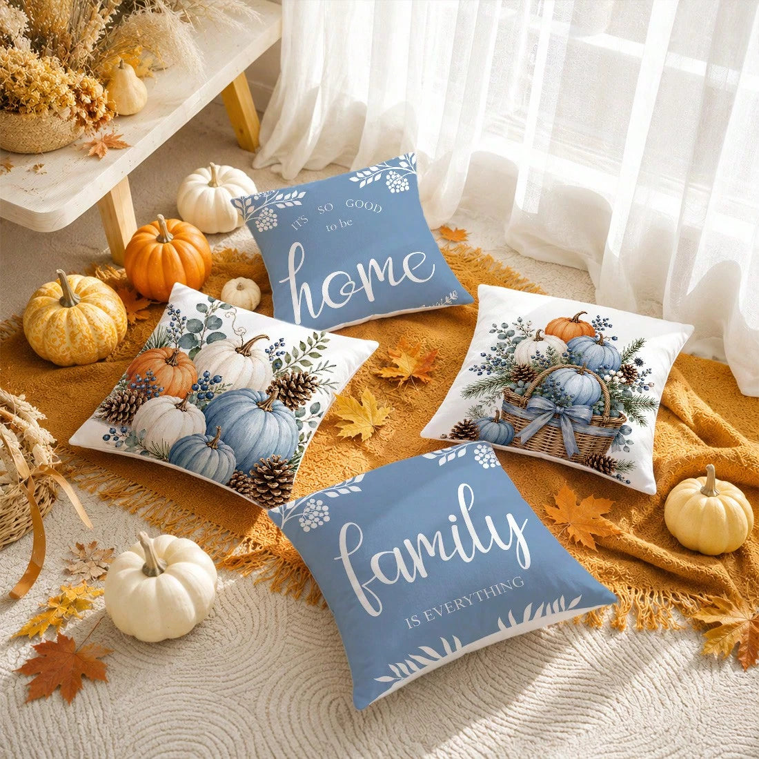 Autumn Watercolor Blue Pumpkin & Pine Cone Cushion Cover 4-Piece Set, Single-Sided Printed Peach Skin Velvet Polyester Material, 45*45CM Throw Pillow Covers For Modern Fabric Sofa Indoor Decor, Party