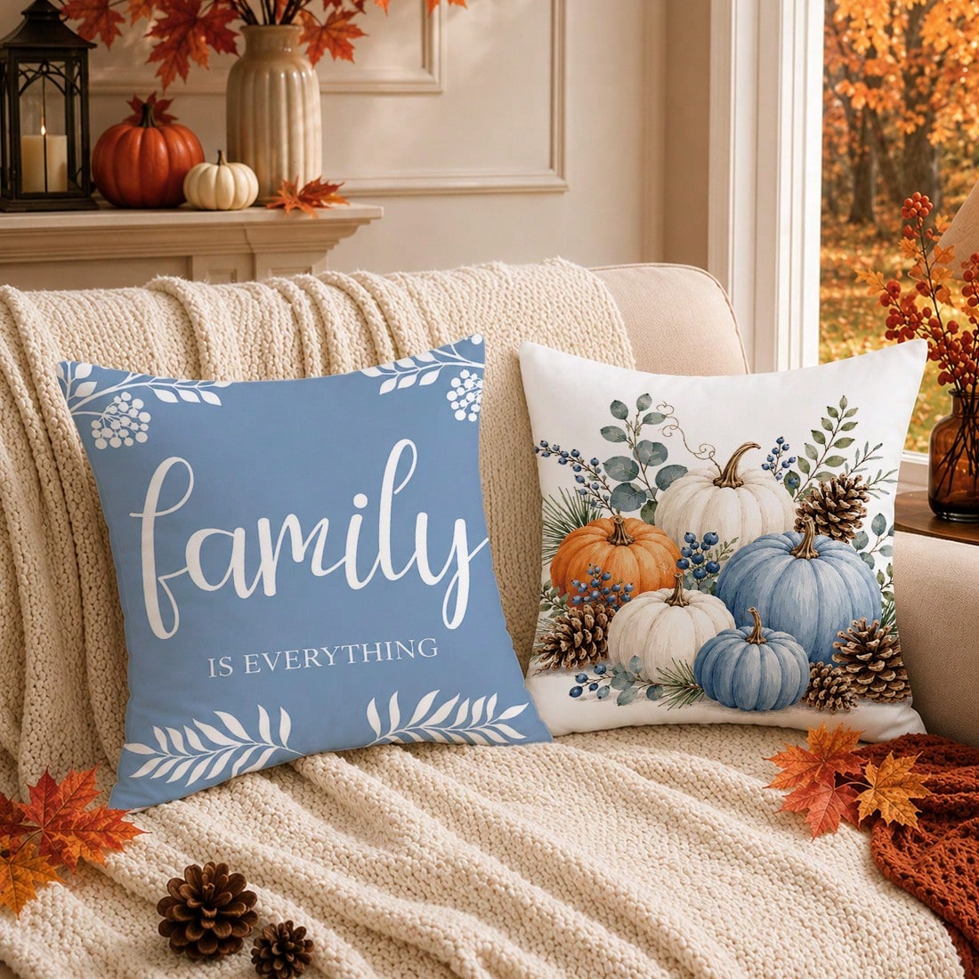 Autumn Watercolor Blue Pumpkin & Pine Cone Cushion Cover 4-Piece Set, Single-Sided Printed Peach Skin Velvet Polyester Material, 45*45CM Throw Pillow Covers For Modern Fabric Sofa Indoor Decor, Party