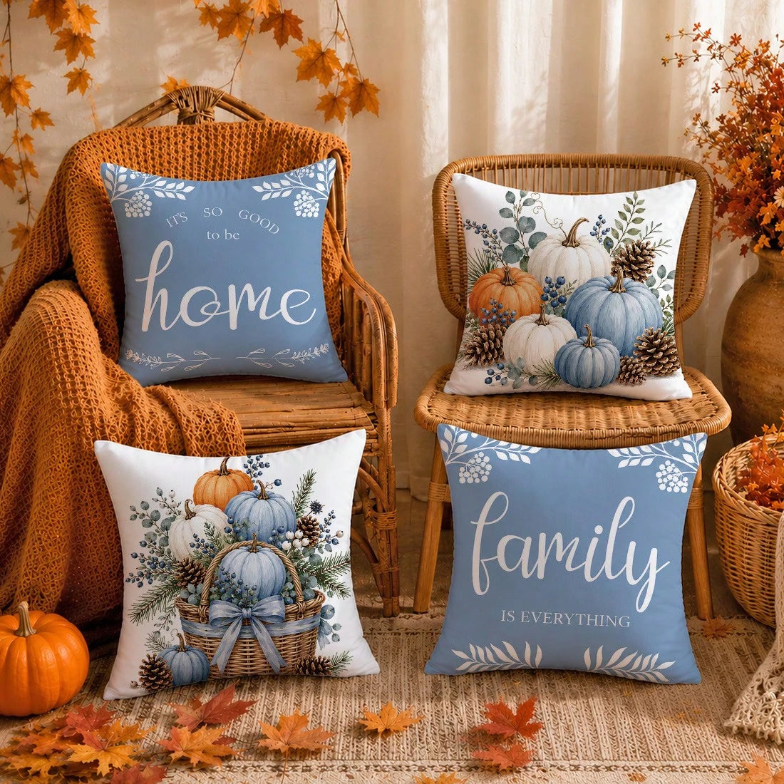 Autumn Watercolor Blue Pumpkin & Pine Cone Cushion Cover 4-Piece Set, Single-Sided Printed Peach Skin Velvet Polyester Material, 45*45CM Throw Pillow Covers For Modern Fabric Sofa Indoor Decor, Party