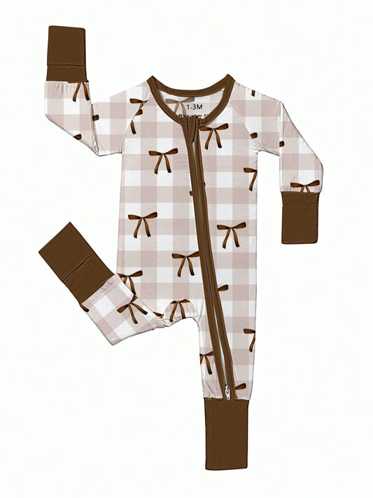 Baby Bamboo Fiber Zip-Up, Brown Bow Print Romper, All-Season Knit Fabric Skinny Fit With Zipper Detail, Girl Baby Clothes, Perfect For Outdoor