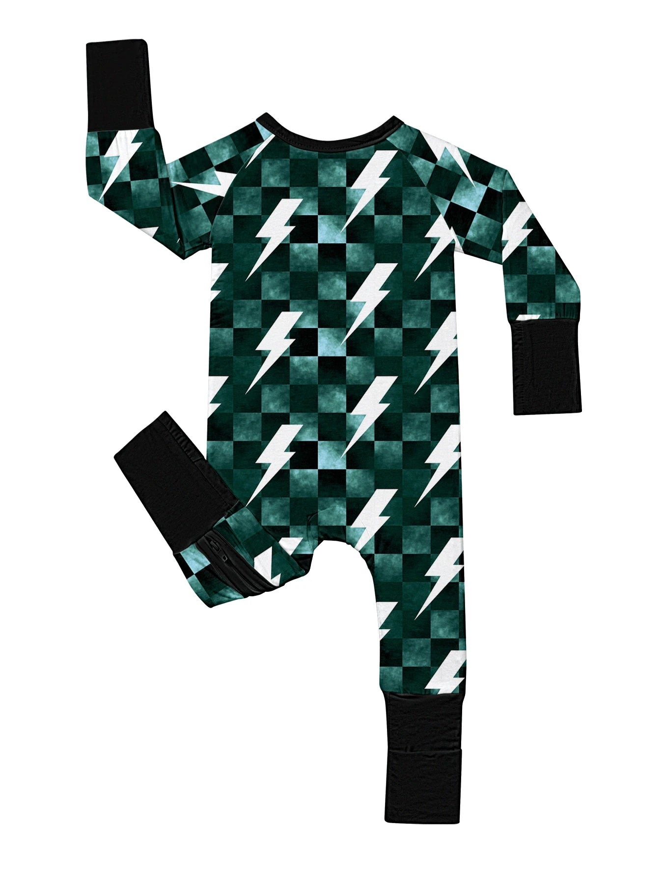Baby Bamboo Fiber Zip-Up, Gray And Black Checkered Lightning Print Romper, All-Season Knit Fabric Skinny Fit With Zipper Detail, Baby Girl Boy Spring Autumn Clothes, Perfect For Outdoor Gift.