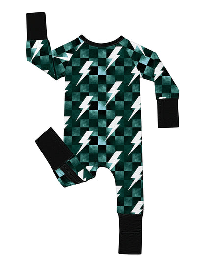 Baby Bamboo Fiber Zip-Up, Gray And Black Checkered Lightning Print Romper, All-Season Knit Fabric Skinny Fit With Zipper Detail, Baby Girl Boy Spring Autumn Clothes, Perfect For Outdoor Gift.