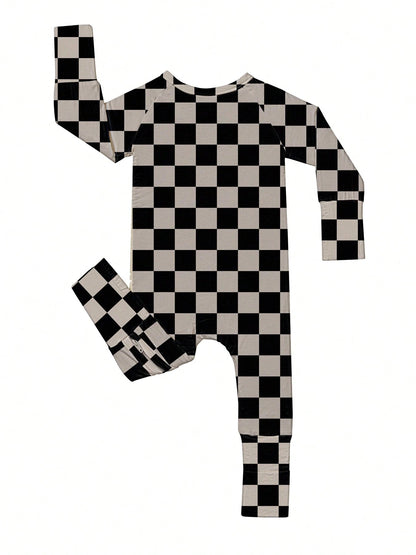 Baby Bamboo Fiber Zip-Up,Gray Plaid Print Romper, All-Season Knit Fabric Skinny Fit With Zipper Detail, Infant Baby Girl Clothes, Perfect For Outdoor Boy Gift.