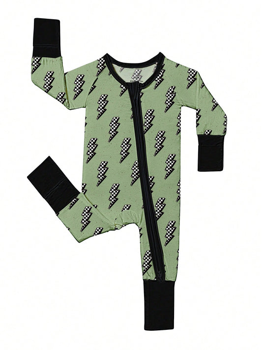 Baby Bamboo Fiber Zip-Up, Green Lightning Romper, All-Season Knit Fabric Skinny Fit With Zipper Detail, Baby Boy Girl Spring Autumn Clothes, Perfect For Outdoor Gift.