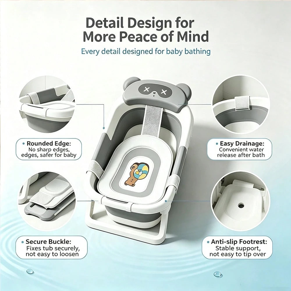 Baby Bathtub,Collapsible Bathtub For Newborn To Toddler,Durable Essential Infant Bath Tub,Portable Travel Baby Tub With Soft Cushion,No-Slip Grey