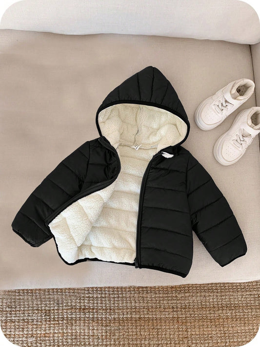 Baby Boy Black Winter Thermal Lined Hooded Zipper Front Padded Coat Casual All-Match Versatile Soft Comfortable Sports Suitable For Outdoor Snow Play