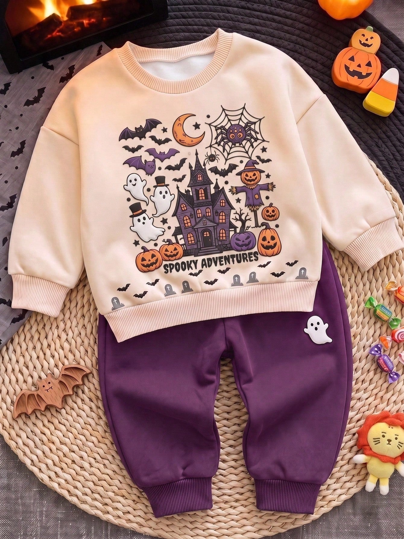 Baby Boy Casual Comfortable Crew Neck Sweatshirt Set, Halloween Party Theme, Gathering, Holiday Outfit Halloween