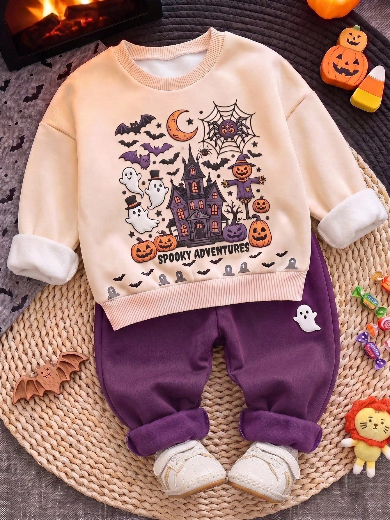 Baby Boy Casual Comfortable Crew Neck Sweatshirt Set, Halloween Party Theme, Gathering, Holiday Outfit Halloween