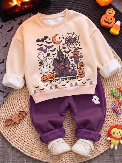 Baby Boy Casual Comfortable Crew Neck Sweatshirt Set, Halloween Party Theme, Gathering, Holiday Outfit Halloween