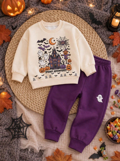 Baby Boy Casual Comfortable Crew Neck Sweatshirt Set, Halloween Party Theme, Gathering, Holiday Outfit Halloween