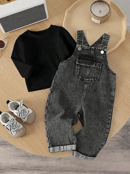 Baby Boy Fashion Solid Color Round Neck Top And Casual Bib Pants 2-Piece Set Overall Vintage Overalls Boys Jeans Denim Outfit