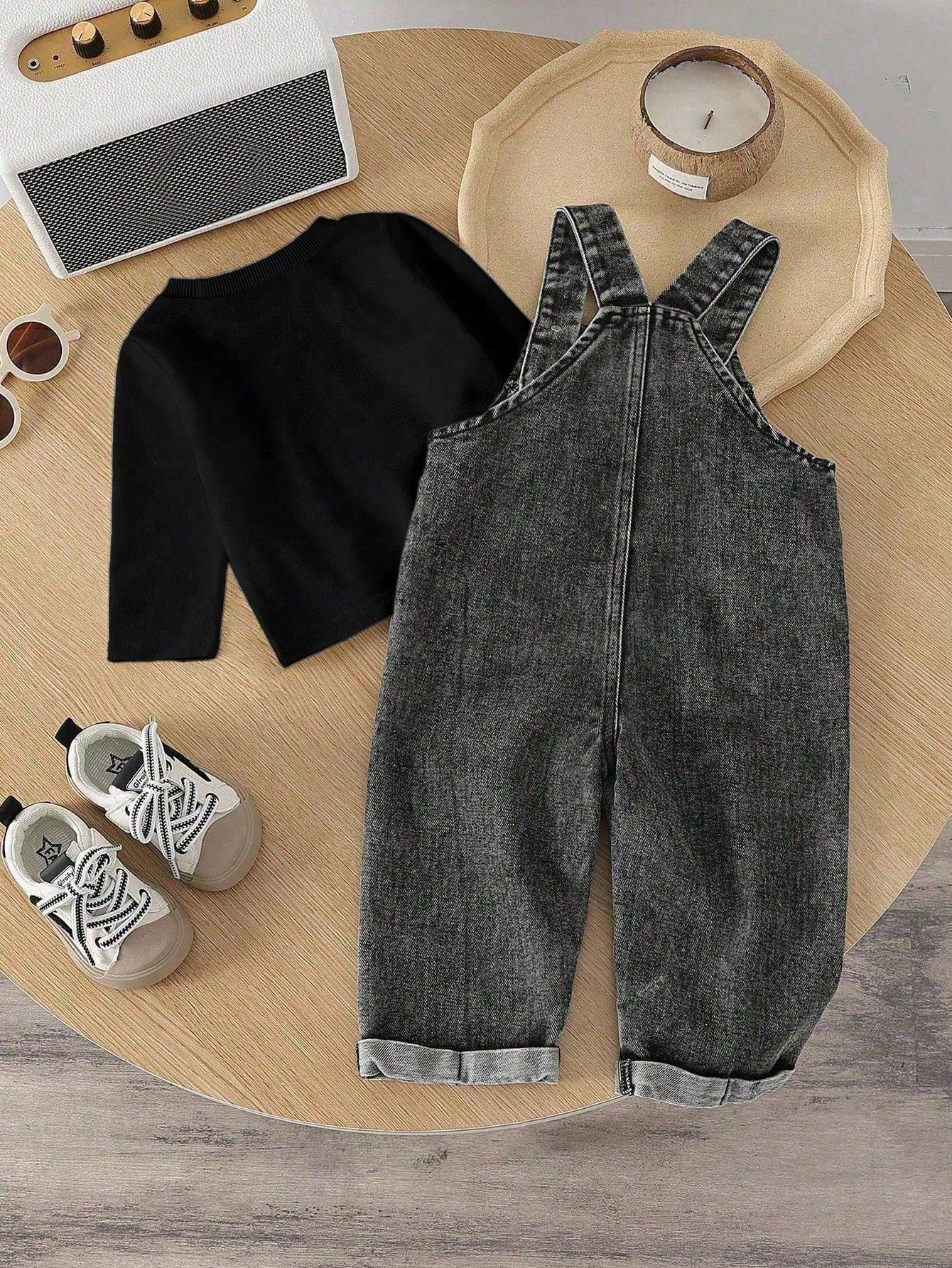Baby Boy Fashion Solid Color Round Neck Top And Casual Bib Pants 2-Piece Set Overall Vintage Overalls Boys Jeans Denim Outfit
