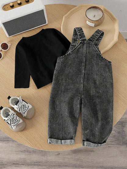 Baby Boy Fashion Solid Color Round Neck Top And Casual Bib Pants 2-Piece Set Overall Vintage Overalls Boys Jeans Denim Outfit