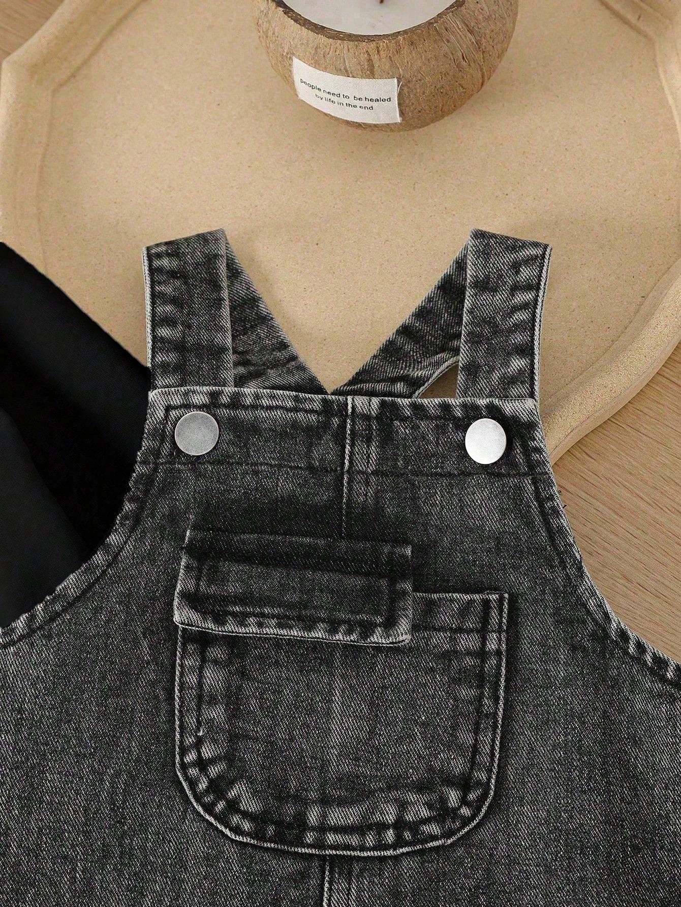 Baby Boy Fashion Solid Color Round Neck Top And Casual Bib Pants 2-Piece Set Overall Vintage Overalls Boys Jeans Denim Outfit