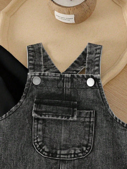 Baby Boy Fashion Solid Color Round Neck Top And Casual Bib Pants 2-Piece Set Overall Vintage Overalls Boys Jeans Denim Outfit