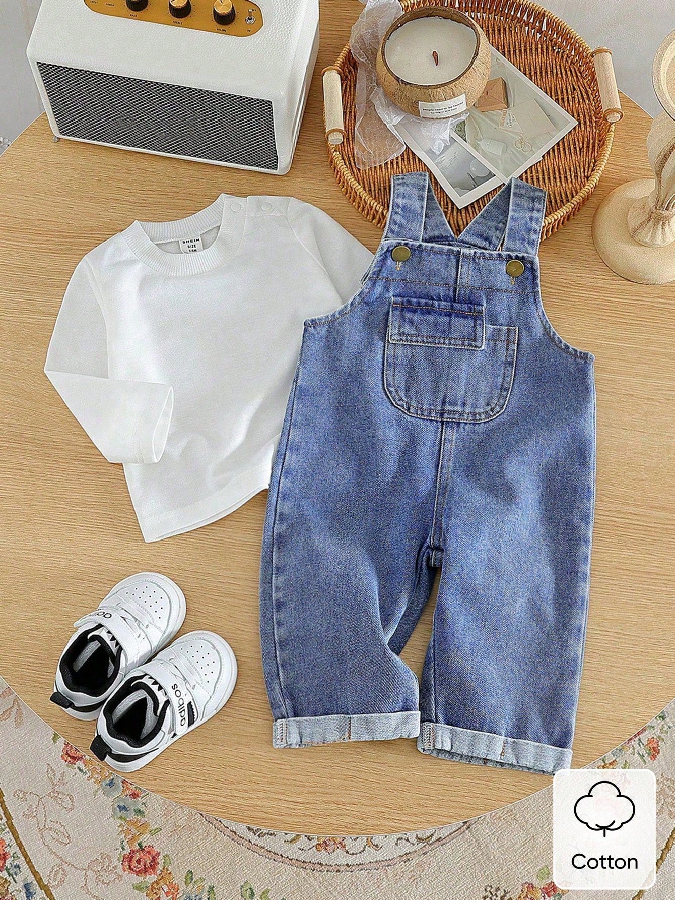 Baby Boy Fashion Solid Color Round Neck Top And Casual Bib Pants 2-Piece Set Overall Vintage Overalls Boys Jeans Denim Outfit