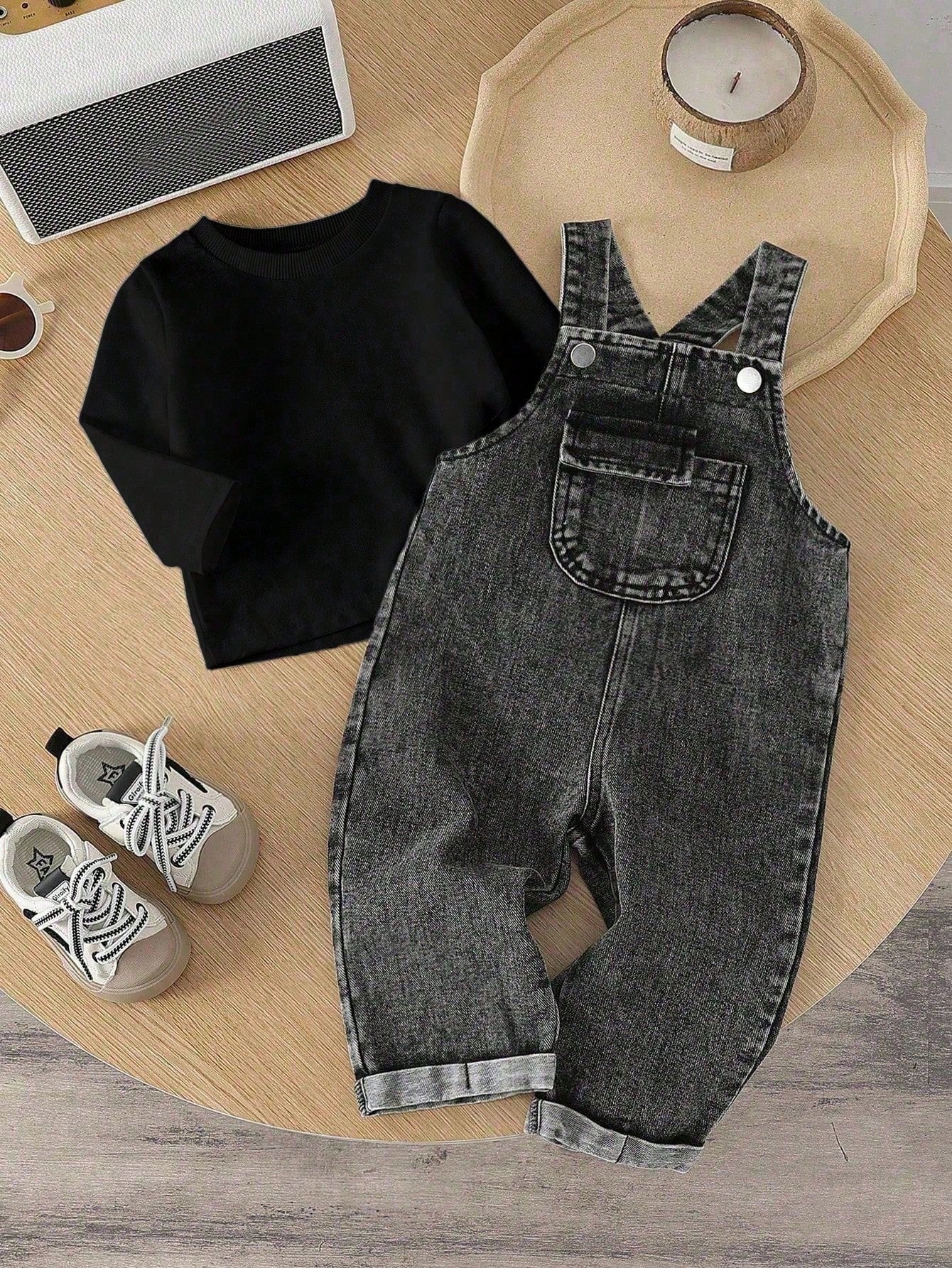 Baby Boy Fashion Solid Color Round Neck Top And Casual Bib Pants 2-Piece Set Overall Vintage Overalls Boys Jeans Denim Outfit