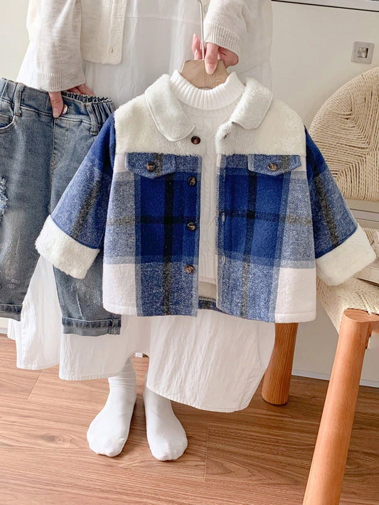 Baby Boys Vintage Plaid Thermal Lined Jacket, Warm Casual Fashion Button-Up Cardigan Coat For Indoor Outdoor School Snow Play,In Fall/Winter