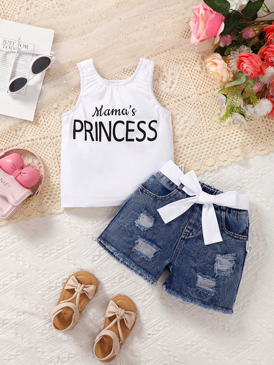 Baby Girl Casual Cute Letter Printed Top & Distressed Denim Shorts