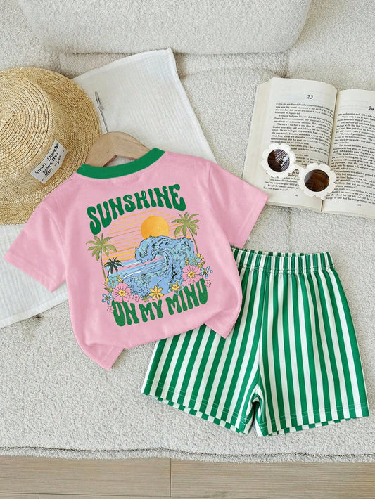 Baby Girl Casual Cute Round Neck Loose Short Sleeve T-Shirt Tight Biker Shorts Set Spring Summer Vacation Beach Pink Green Stripe