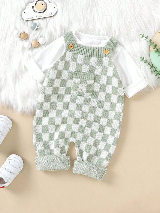 Baby Girl Checker Pattern Flap Pocket Overall Knit Jumpsuit Without Tee, For Christmas