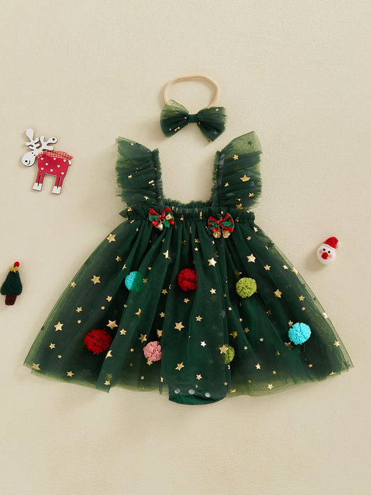 Baby Girl Christmas Tree Romper Dress Star Sequin Tulle Skirt Lace Bodysuit Headband Newborn Infant Christmas Outfit Newborn Baby Girls Christmas Romper Dress