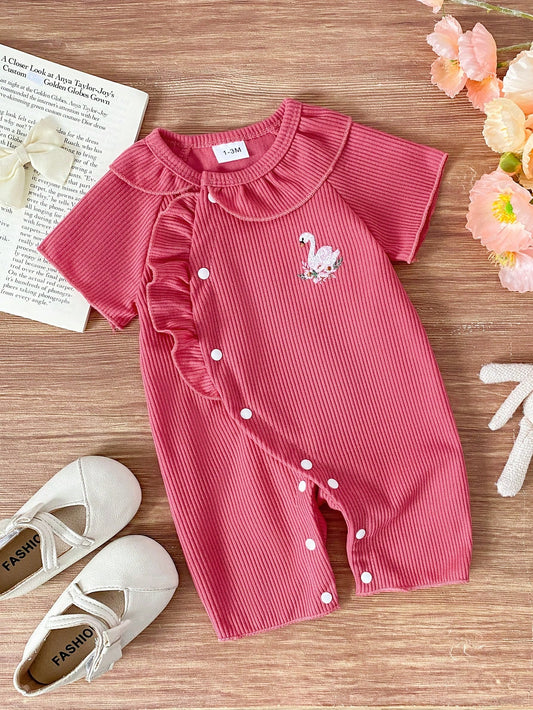 Baby Girl Pink Swan Embroidery Romper, Ribbed Soft Infant Jumpsuit, Side Snap Closure
